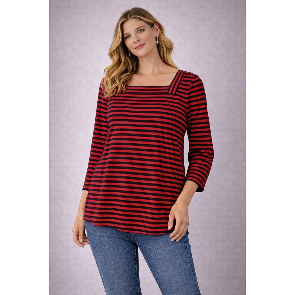 Talbots Top Plus Petite Red‎ Black Striped Square Neck 3/4 Sleeve Knit Size 1X P